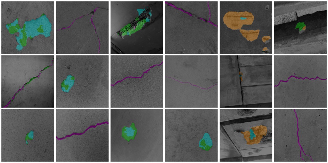 Bridge defect semantic segmentation predictions on real images